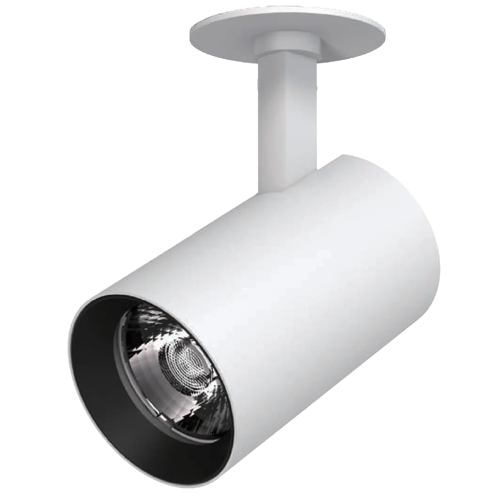 White cylindrical ceiling spotlight with a reflective interior and black rim.