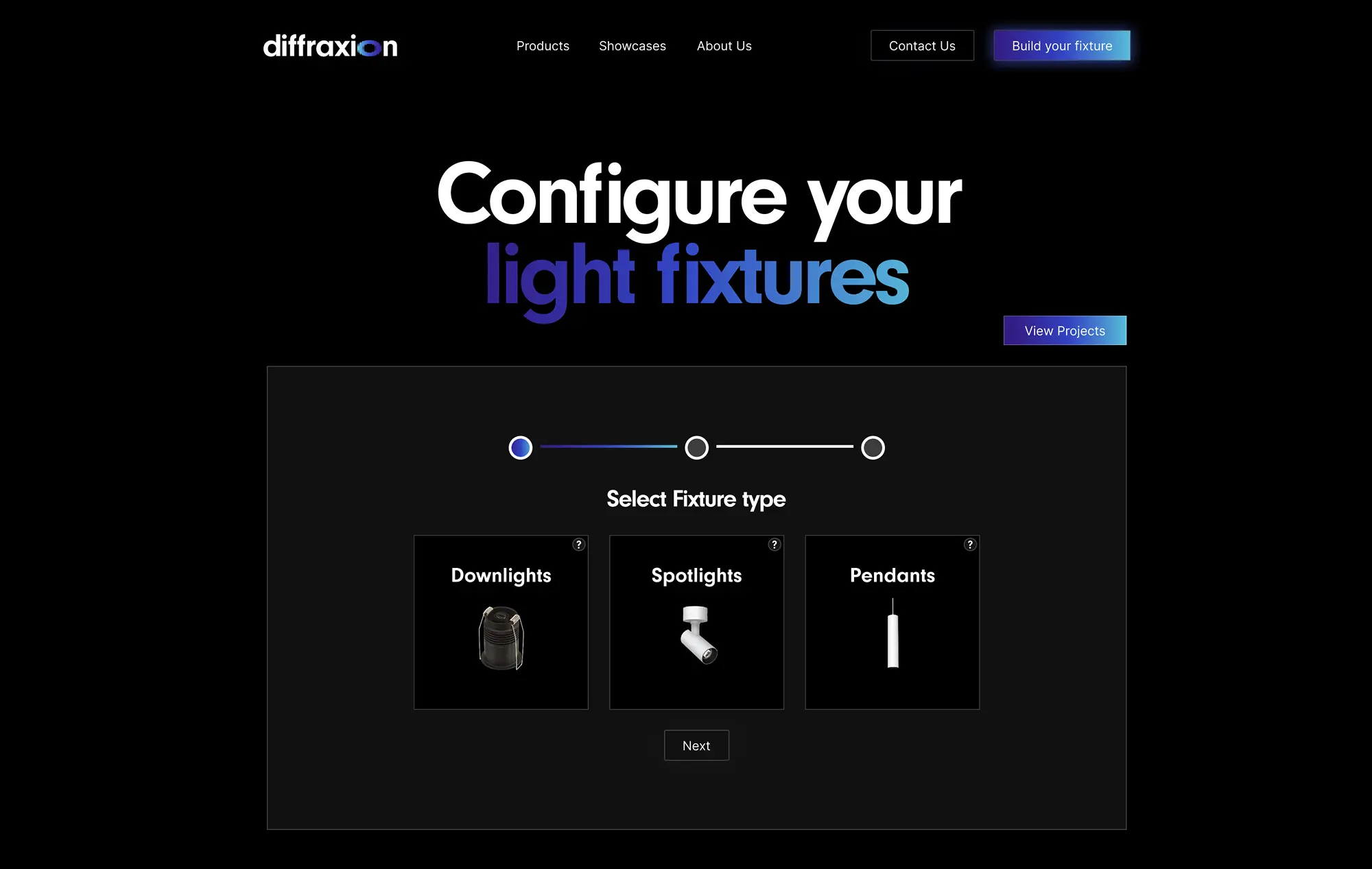 Website interface to configure light fixtures with options for Downlights, Spotlights, or Pendants.