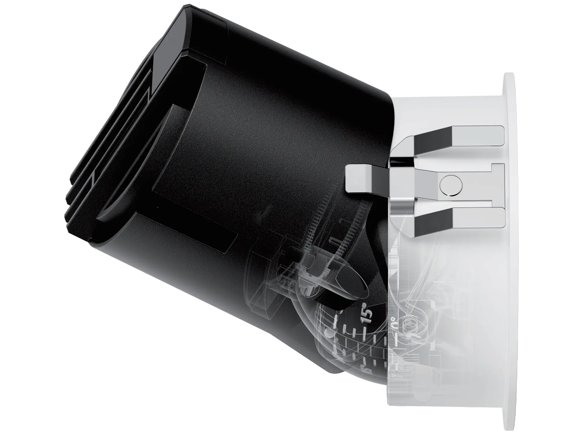 Black and white angular mechanical component with metal clips and internal measurement markings.