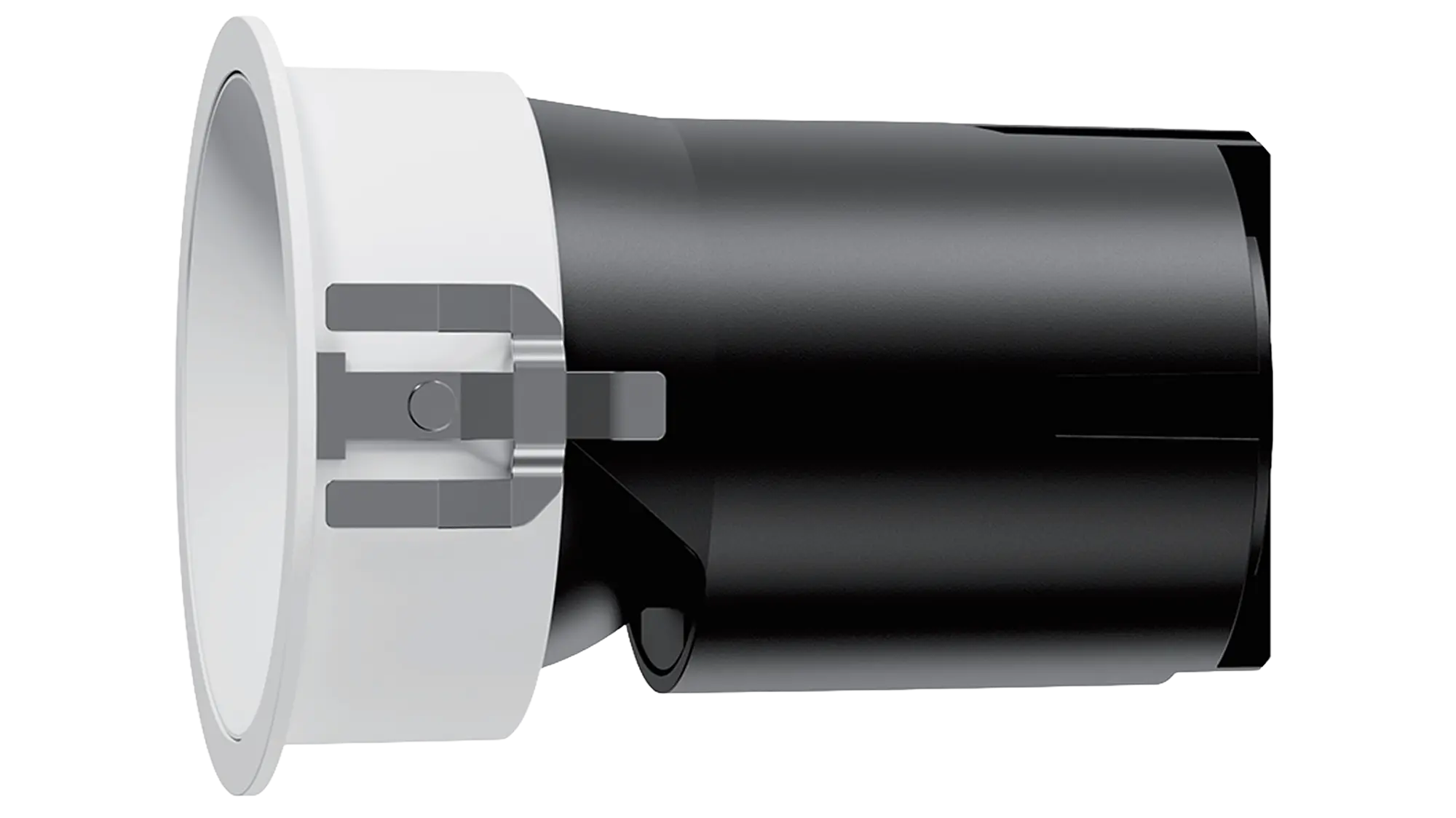 White and black recessed downlight with a round trim and internal hardware visible.