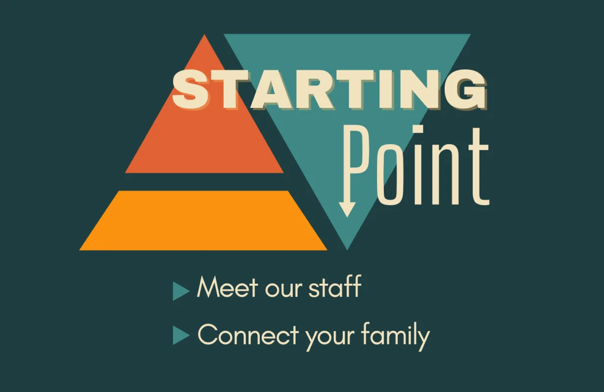 Graphic with orange and teal triangles and text: Starting Point with arrows highlighting 'Meet our staff' and 'Connect your family'.