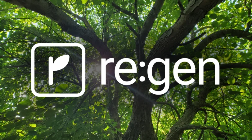 Sunlight filtering through green leaves and branches of a tree with the text 're:gen' and a leaf icon in a square.