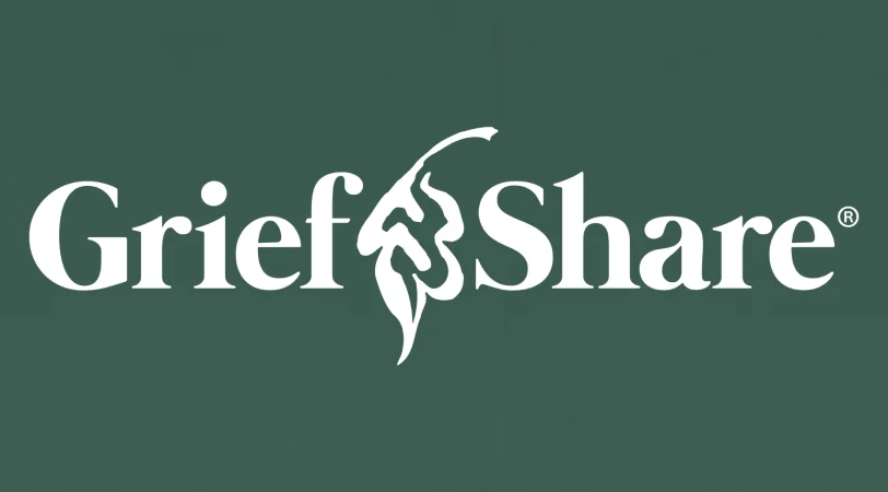 GriefShare logo displaying the word 'GriefShare' with a stylized leaf design in the middle on a dark green background.