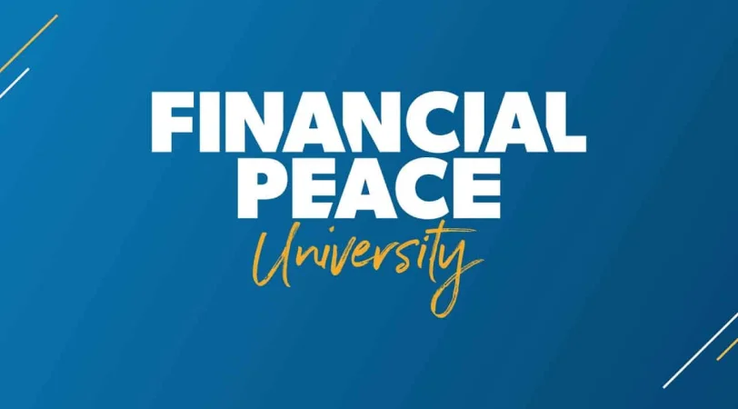 Logo with text Financial Peace University on a blue background with white and yellow lettering.