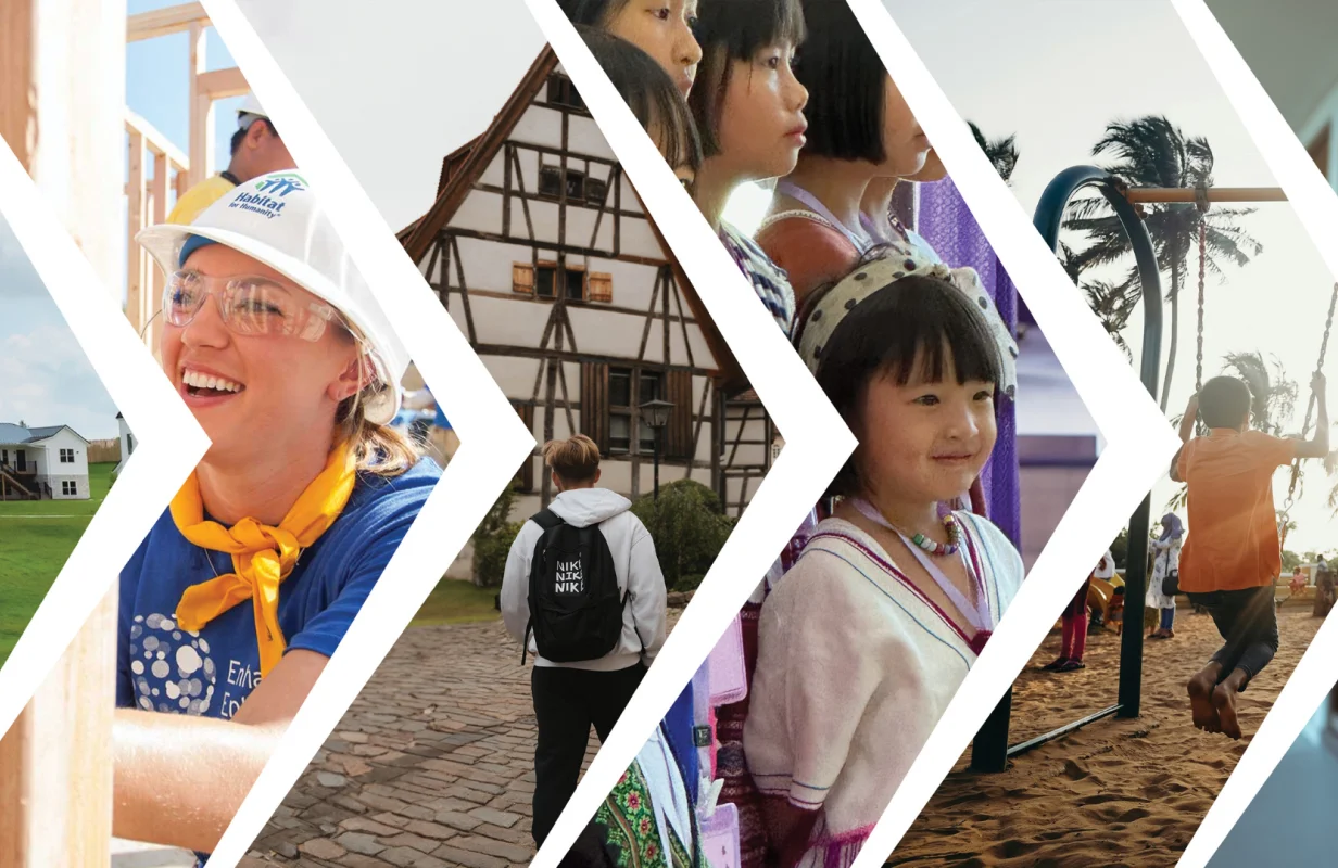 Collage of images showing a woman in a hard hat building a house, a child walking on a cobblestone street, children standing in a group, and a child swinging on a playground swing.
