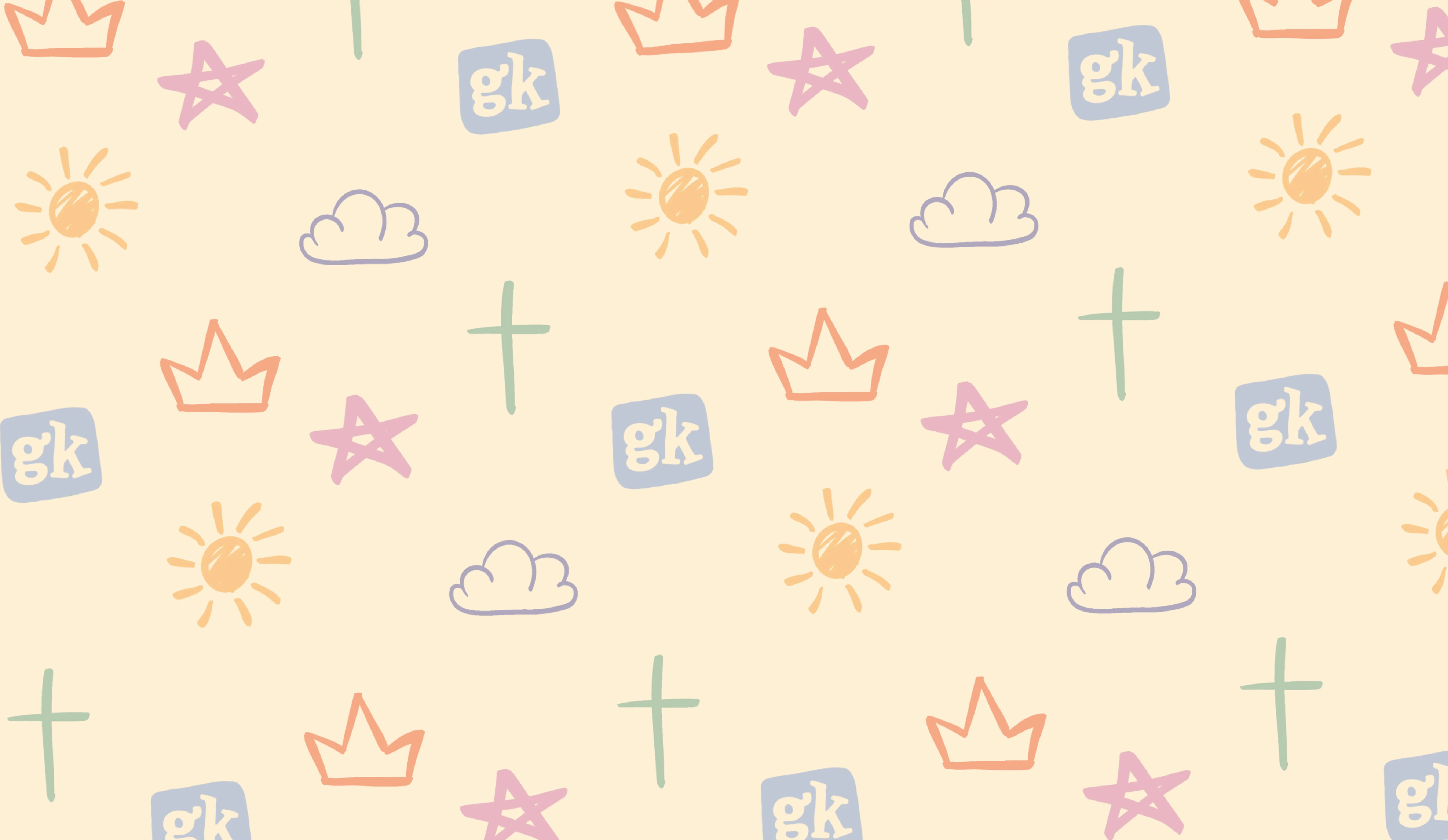 Pattern with pastel-colored crowns, stars, suns, clouds, crosses, and blue squares with 'gk' letters on a beige background.