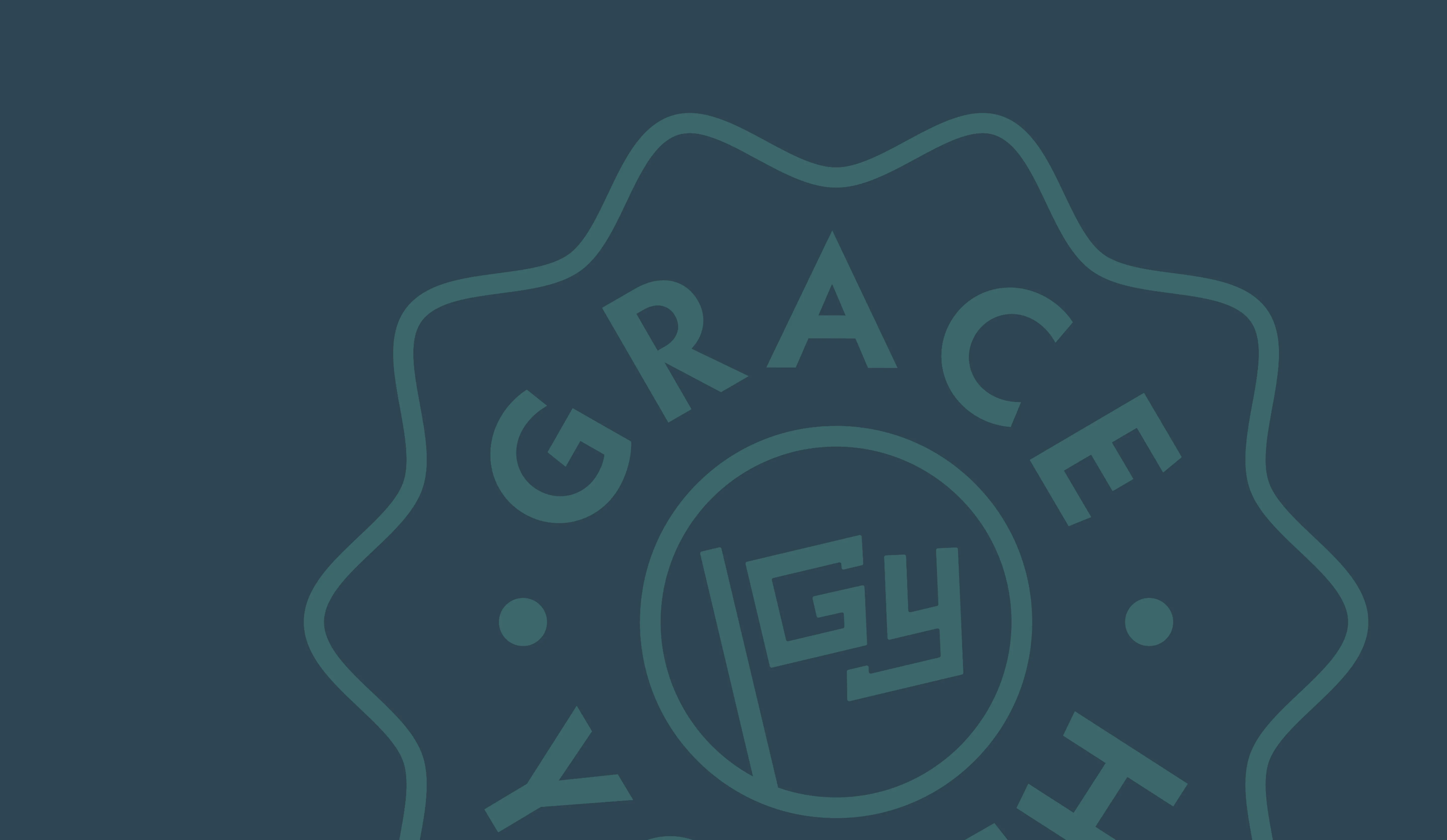 Dark blue background with a circular emblem featuring the word GRACE around its edge and 'GY' stylized inside a smaller circle in the center.