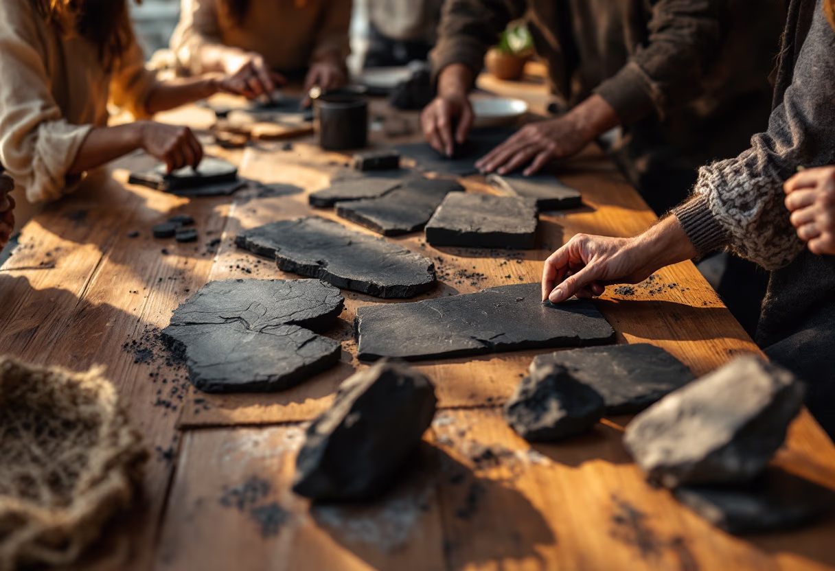 image of educational workshops in progress at an environmental conservation nonprofit, showcasing collaborative stonework projects
