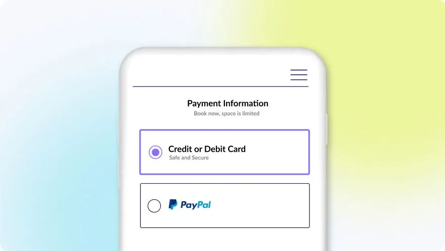 Mobile payment information screen with credit card and PayPal options on a pastel gradient background