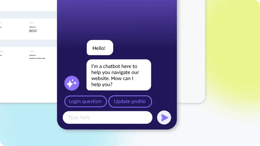 AI chatbot interface mockup showing conversation with quick-action buttons on a gradient background