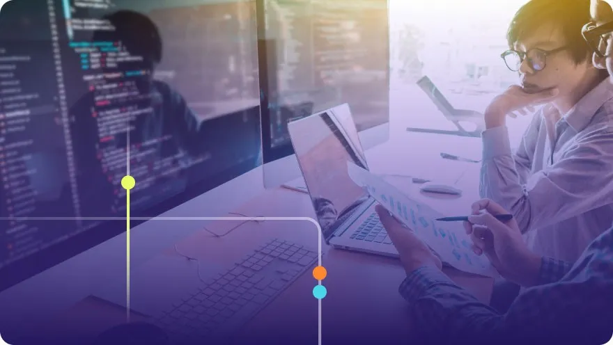 Developer wearing headphones reviewing code on multiple screens with a purple overlay and Focused brand accents