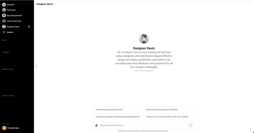 Designer Devin custom GPT interface showing its description and suggested design review prompts