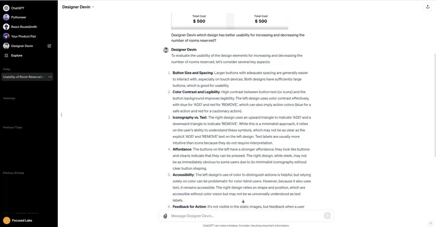 Designer Devin GPT providing detailed UI usability and accessibility feedback comparing two design options