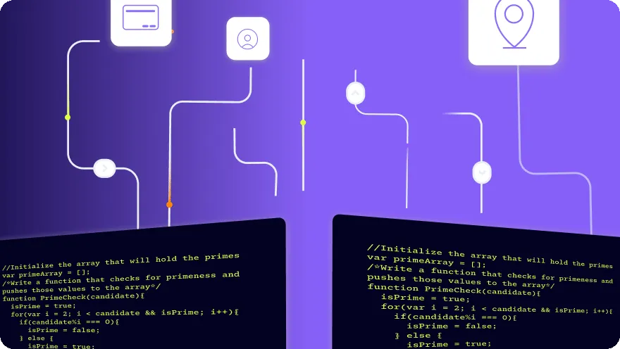 Illustration of two remote code editors connected by network lines on a purple background