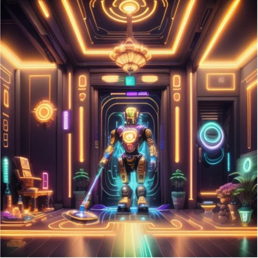 Futuristic robot with a mop cleaning a neon-lit room, illustrating AI data cleaning concepts