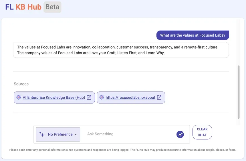 FL KB Hub chatbot interface answering a question about Focused Labs company values with sources