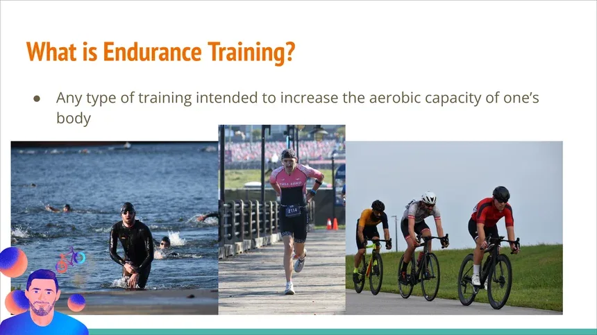 Lightning talk slide about endurance training with photos of swimming, running, and cycling