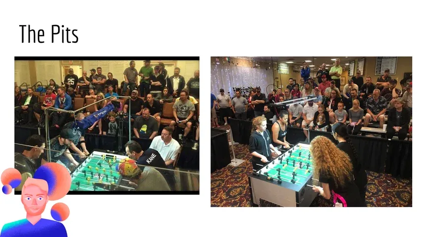 Lightning talk slide titled The Pits with competitive foosball tournament photos and crowds