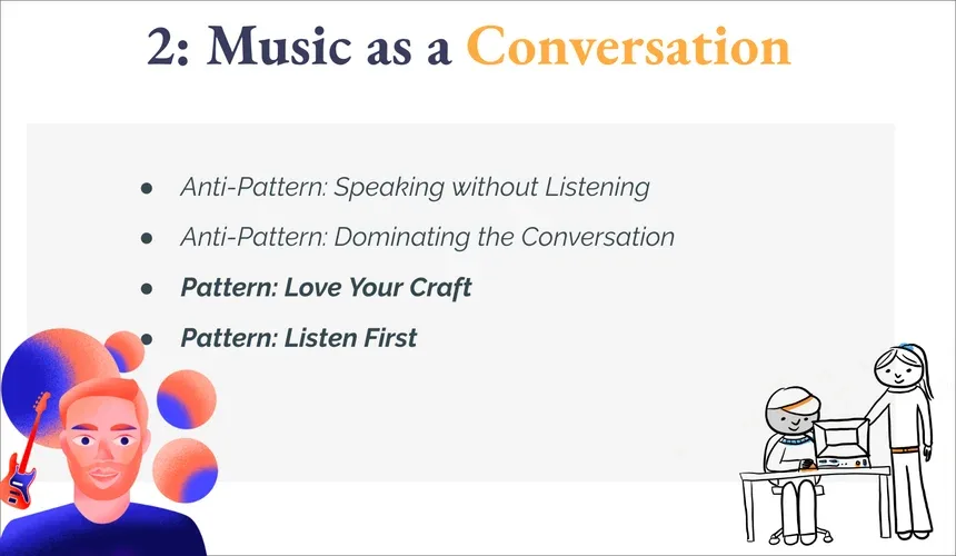 Lightning talk slide on music as conversation, listing anti-patterns and patterns for collaboration