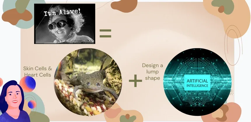 Lightning talk slide about xenobots combining skin cells, frog biology, and AI to create living robots