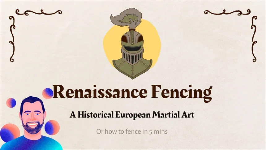 Lightning talk title slide on Renaissance Fencing as a historical European martial art with knight helmet