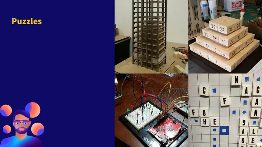 Lightning talk slide titled Puzzles showing handmade wooden puzzles, electronics, and word games