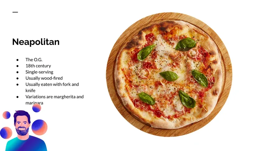 Lightning talk slide about Neapolitan pizza with facts and a wood-fired margherita pizza photo