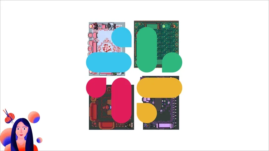 Lightning talk slide showing Figma logo with pixel art game scenes in each quadrant