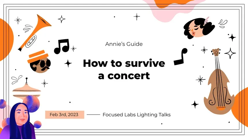 Lightning talk title slide for Annie's Guide on How to Survive a Concert with music illustrations