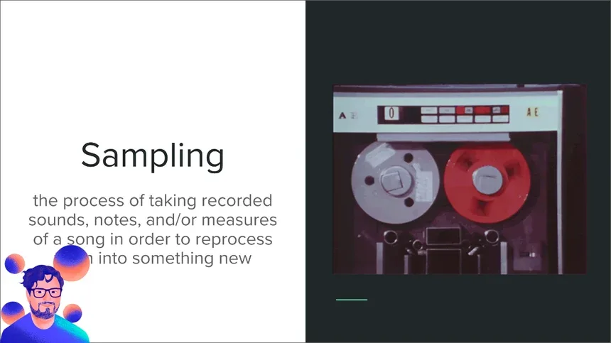 Lightning talk slide about music sampling with definition and vintage reel-to-reel tape recorder