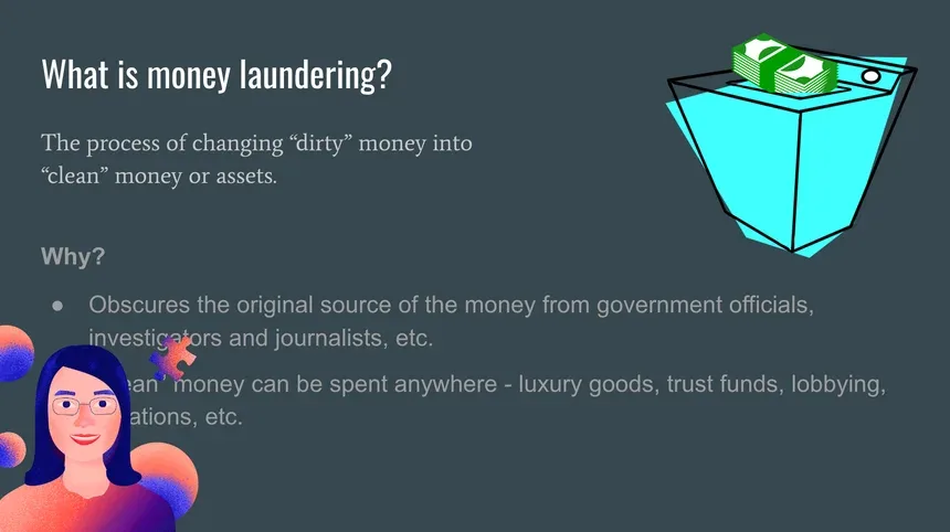 Lightning talk slide explaining money laundering with washing machine illustration and key points