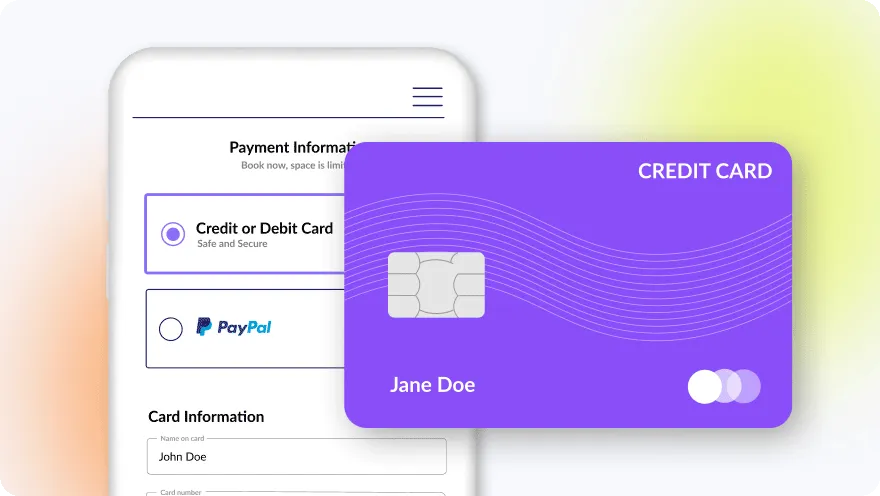 Mobile payment form UI mockup with credit card and PayPal options on a gradient background