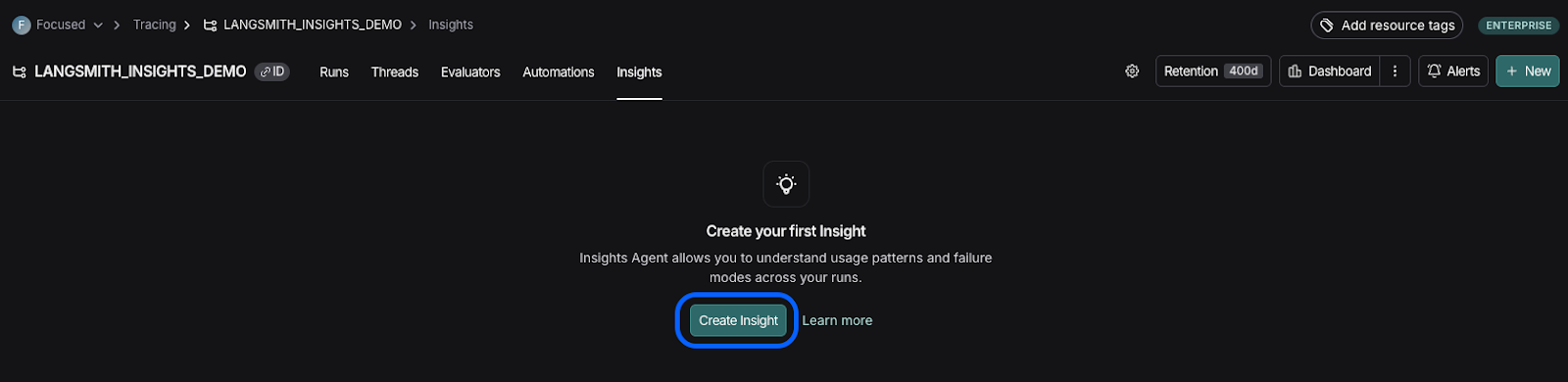 LangSmith Insights page with Create Insight button highlighted for first-time setup