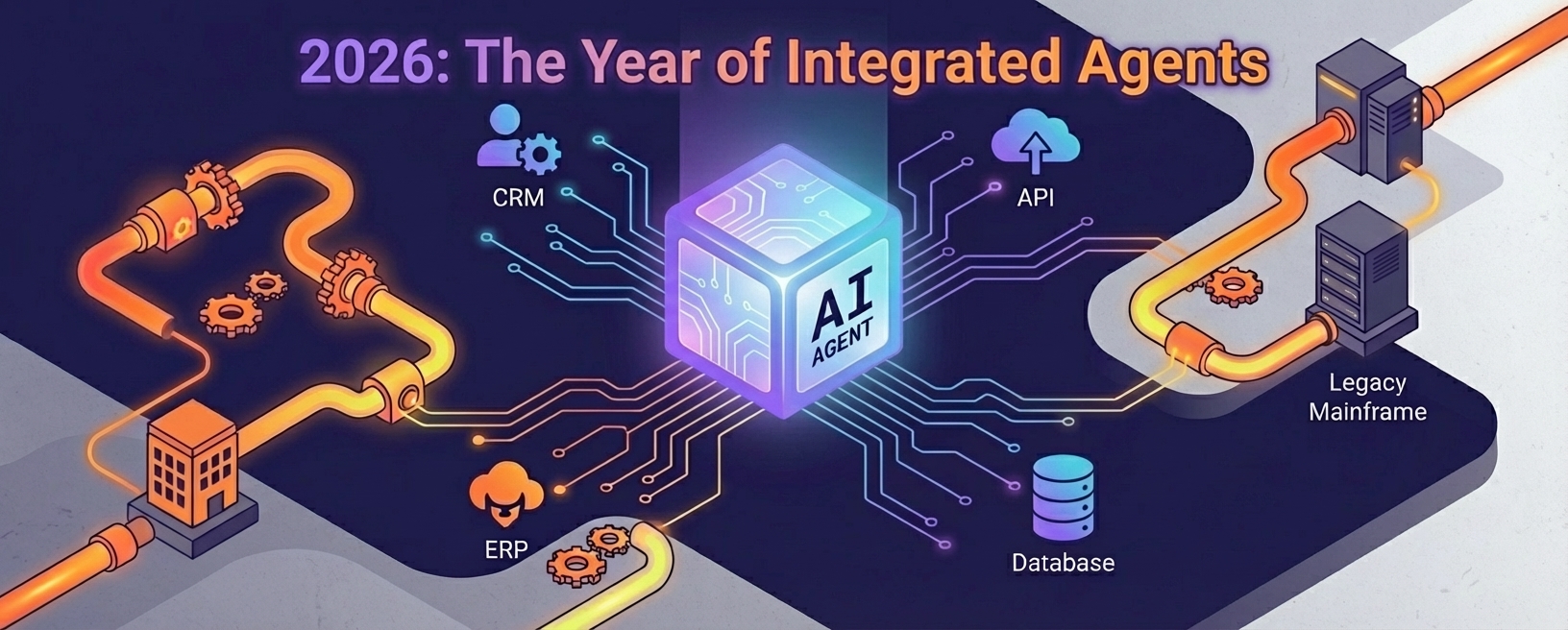Isometric illustration of an AI agent cube connecting to CRM, API, ERP, database, and legacy mainframe systems