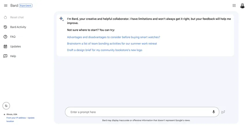 Google Bard chat interface showing welcome message with example prompt suggestions
