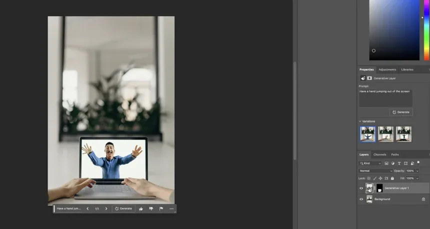 Adobe Photoshop Generative Fill feature creating AI-generated image content from a text prompt