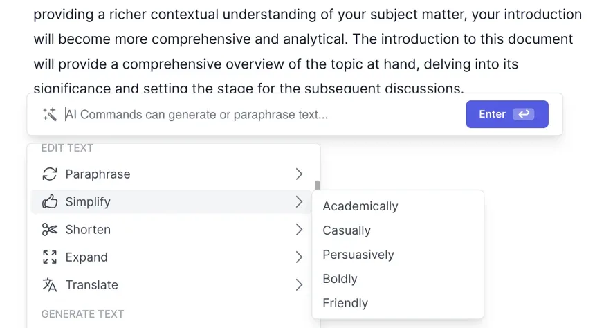 AI writing assistant showing text editing commands like Paraphrase, Simplify, Shorten, Expand, and Translate with tone options