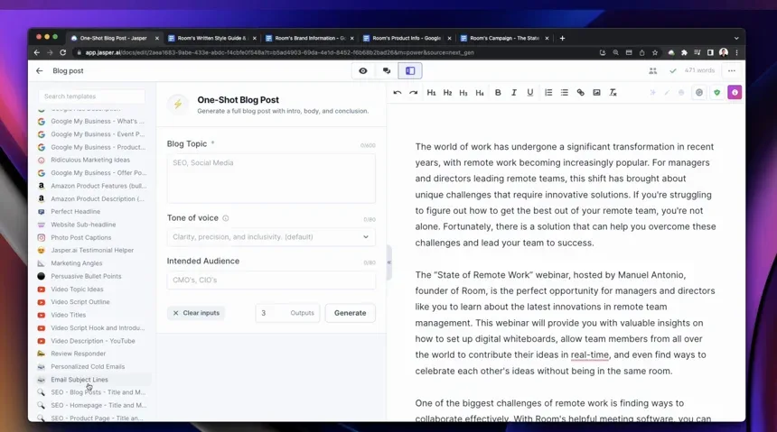 Jasper AI one-shot blog post generator interface with topic, tone, and audience settings