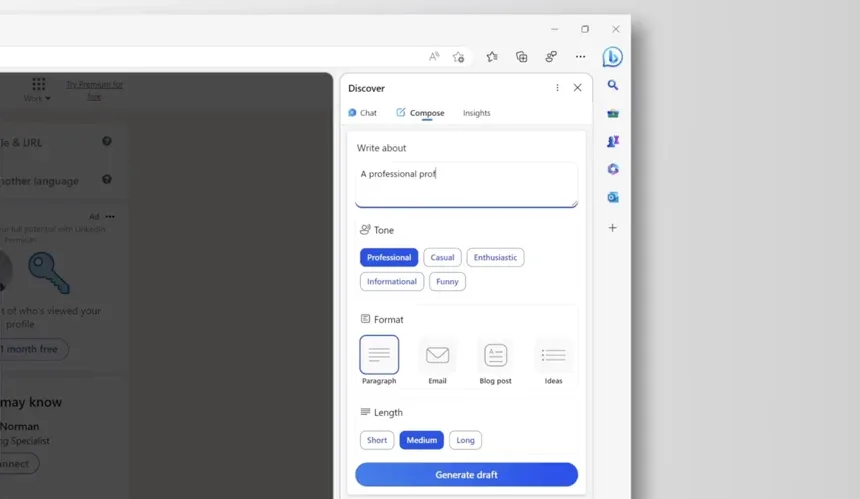 Bing Chat Compose panel with tone, format, and length options for AI content generation