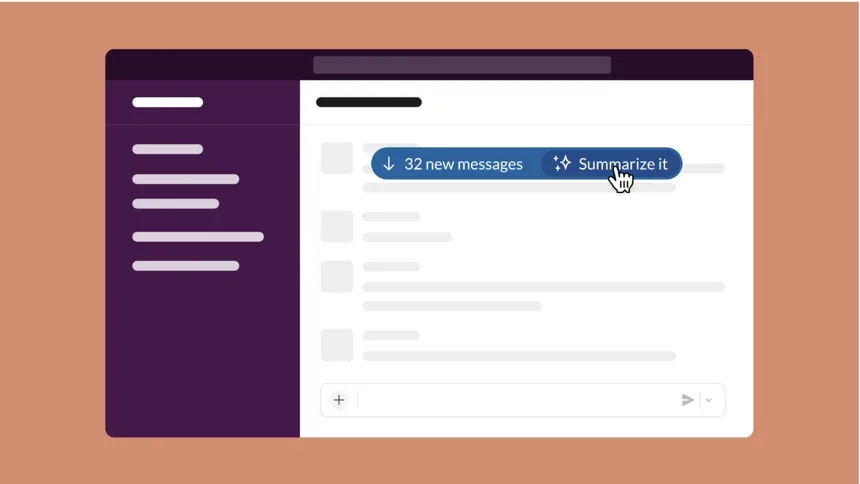 Slack messaging interface with AI-powered Summarize button for catching up on unread messages