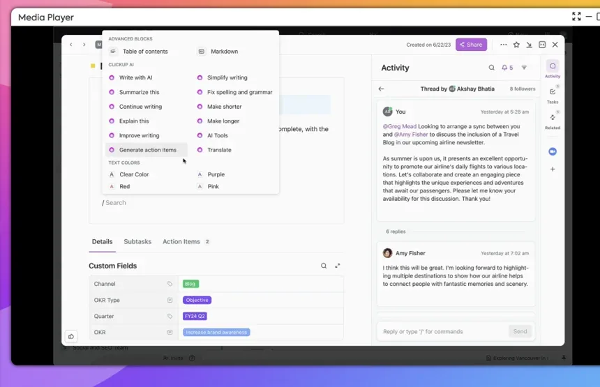ClickUp AI assistant menu showing writing tools alongside project task activity thread