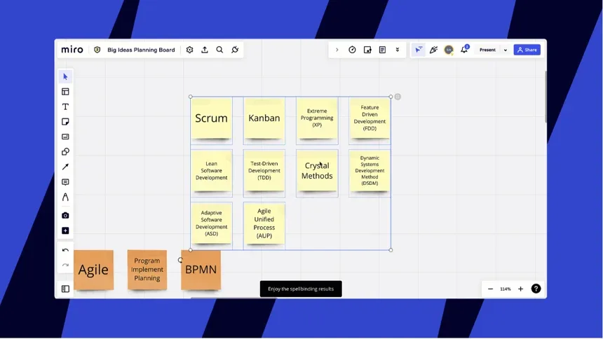 Miro whiteboard showing agile methodology types including Scrum, Kanban, and TDD on sticky notes