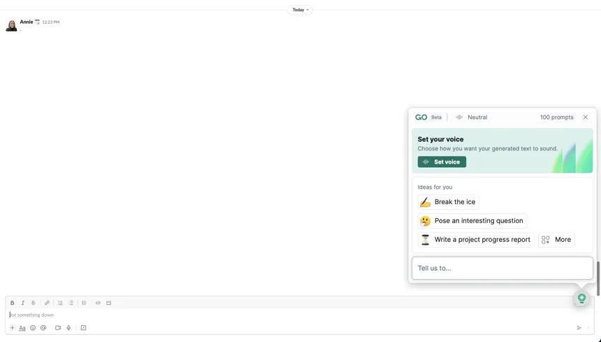 Grammarly GO AI assistant panel with voice settings and writing prompt suggestions