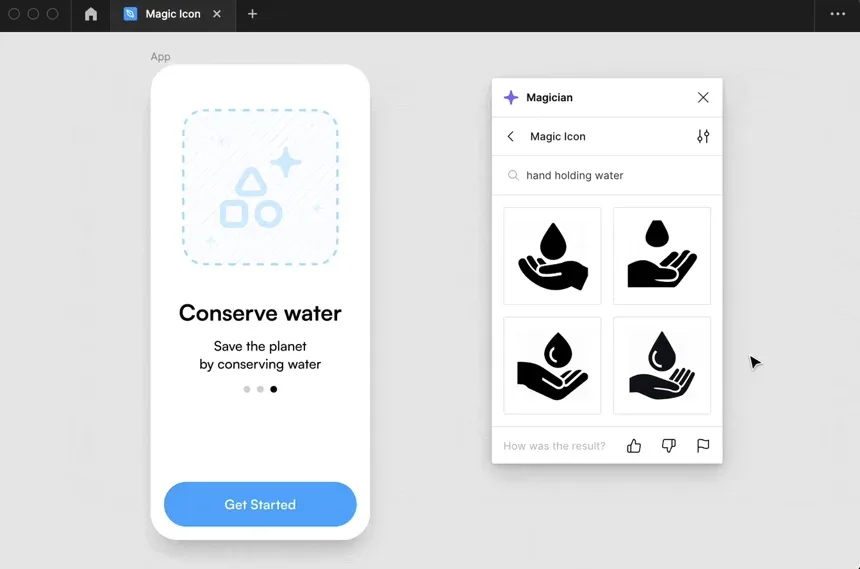 Figma Magic Icon plugin generating hand-holding-water icons from a text prompt for a mobile app design