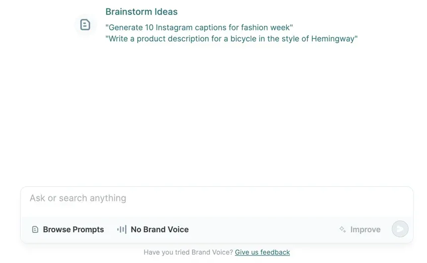 AI content generation interface with prompt input, Browse Prompts option, and Brand Voice settings