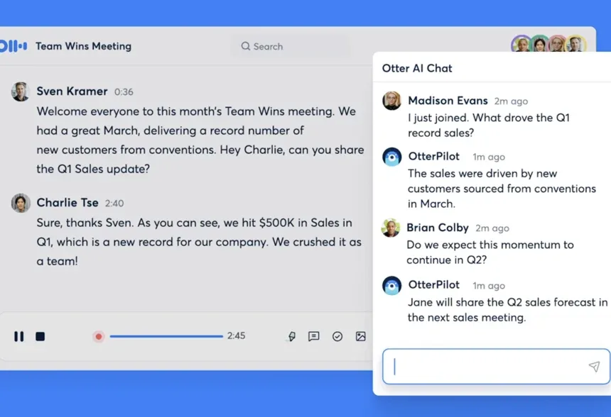 Otter.ai meeting transcription with AI Chat panel answering questions about the meeting in real time