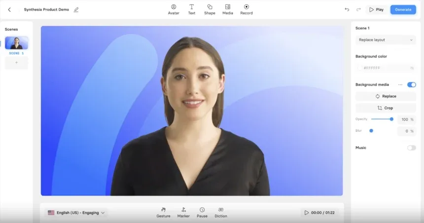Synthesia AI video editor with a virtual avatar presenter and scene customization controls