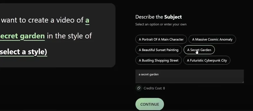 AI video generation tool interface for creating a video of a secret garden with subject and style selection