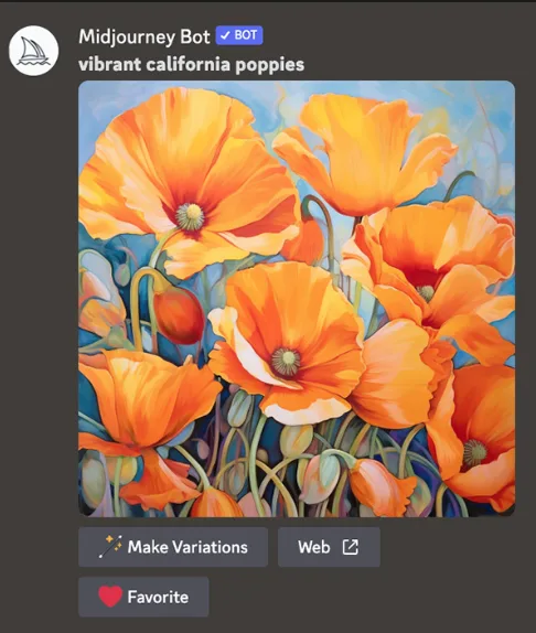 Midjourney Bot generating vibrant California poppies artwork from a text prompt in Discord