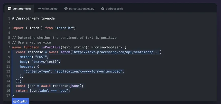 GitHub Copilot suggesting TypeScript code for a sentiment analysis function using a text-processing API